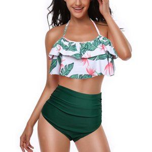 Tropical Leaf Print High-Waisted Bikini Set